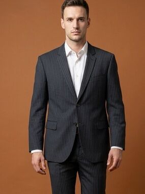 Coogi Luxe Suit Jacket Sport Coat Mens 46 Short Navy Pinstripe Two Button Preppy